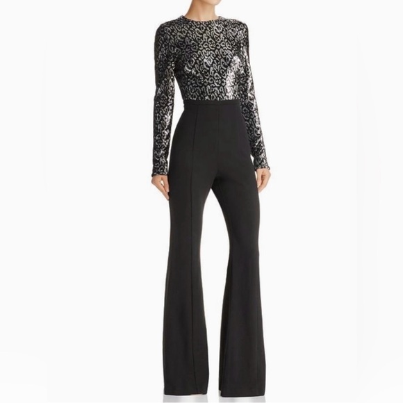 Black Halo Pants - Black halo women’s size 4 Lazaro Sequined Jumpsuit wide leg long sleeve metallic